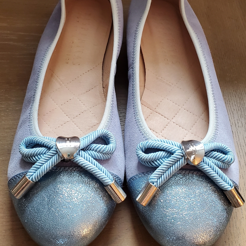 Ballerina Leather Flats - Suede, Periwinkle Blue With Silver Bow - Made In Spain - Picture 2 of 15